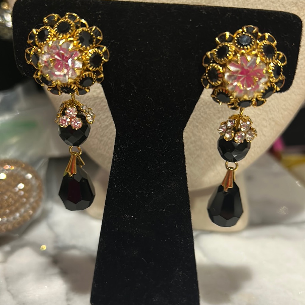 Beautiful Jet Black Gold Custom Vintage Earrings-Boutique 69$
